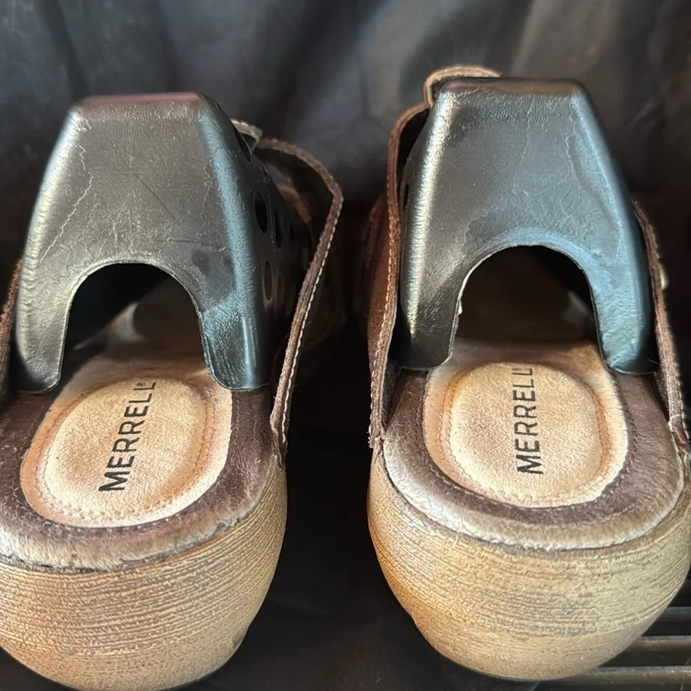🍍 Merrell Luxe Slide Mink Sandals Brown Leather Women's Size 8 Wedge Heel🍍